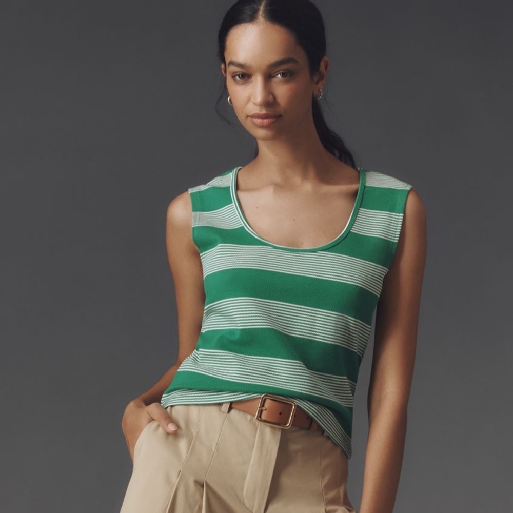 Anthropologie Bishop and Young Green Pique Striped Crew Neck Top Size Large